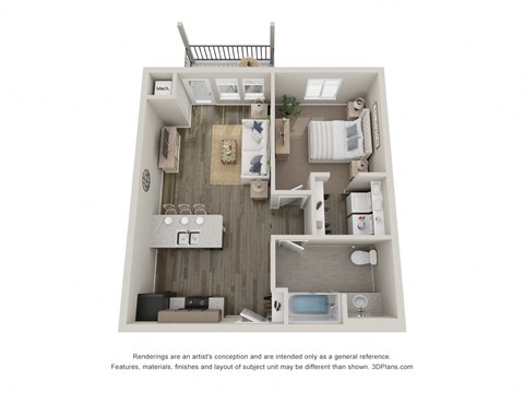 Floor plan for 1 bed, 1 bath, 683 sqft